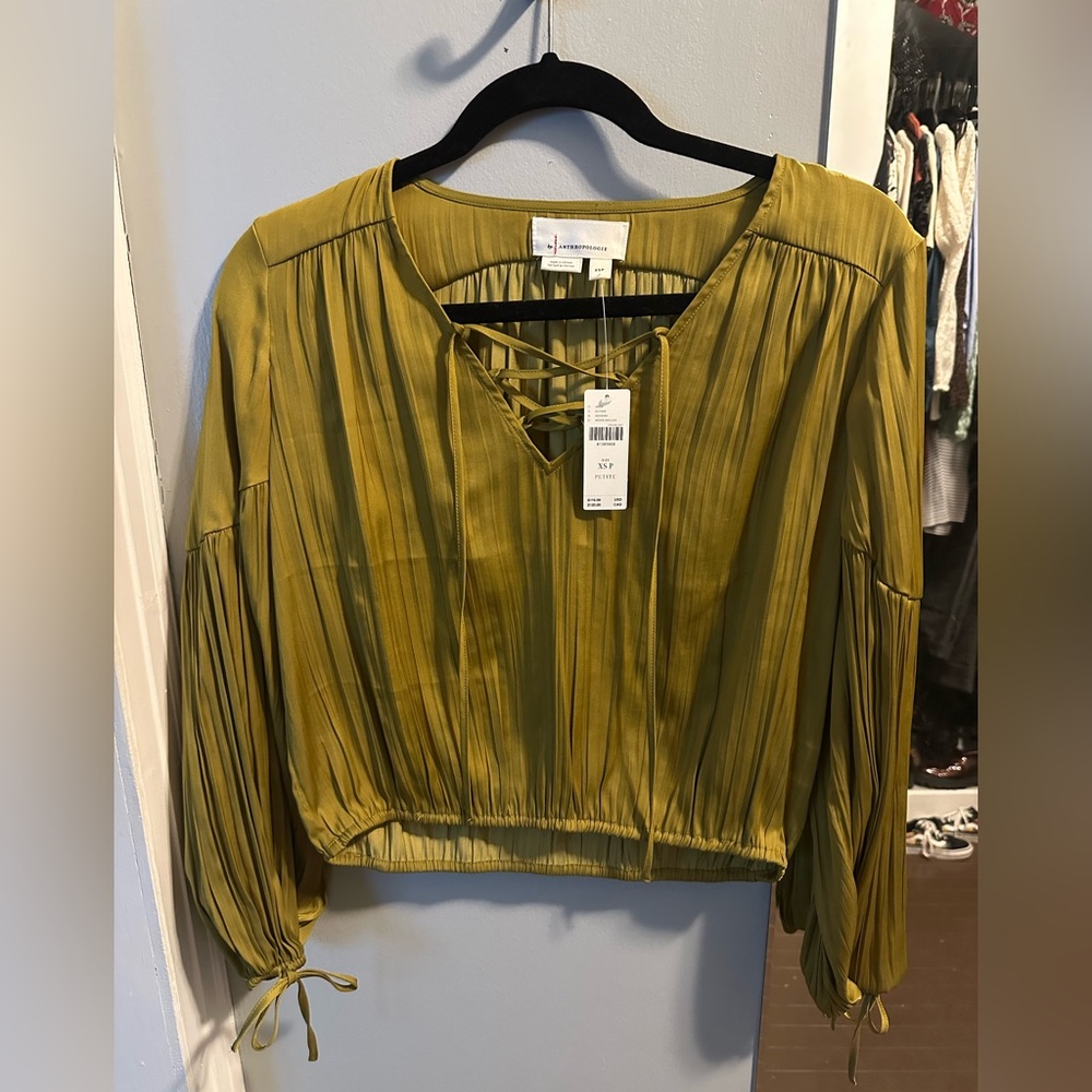 *NWT* Anthropologie Chartreuse Blouse with Lace-Up Detail XS/P
